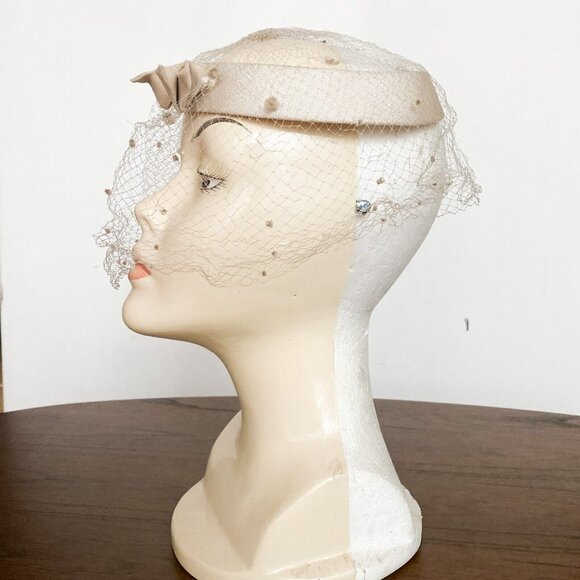 Vintage 50s 60s Nude Beige Vail Detail Headpiece S - Picture 5 of 8